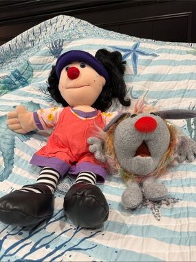 Plush Clown Doll in Red Outfit and Grey Fuzzy Puppet - Kids Toys